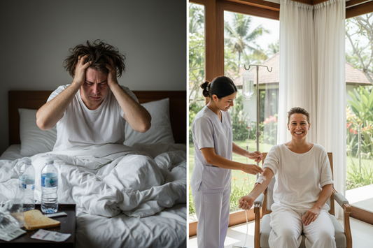 Client recovering from hangover with IV drip therapy at Bali beach club villa - Ever Well Health